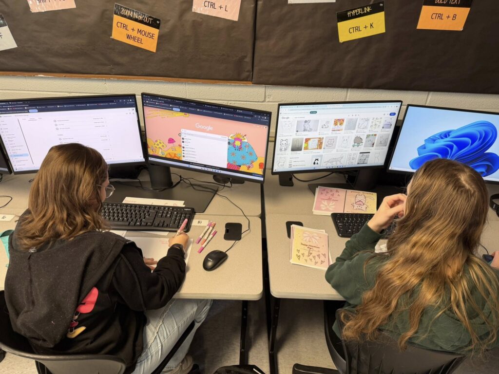 Brunswick R-II students in Web Design Class creating Valentine cards for residents at the Brunswick Healthcare Center.