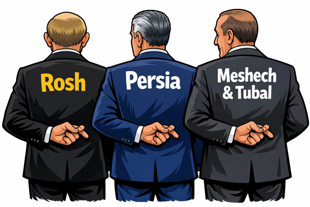 Cartoon representation of the modern-day leaders of Rosh (Russia), Persia (Iran), and Meshech & Tubal (Turkey), hatching a secret plan.