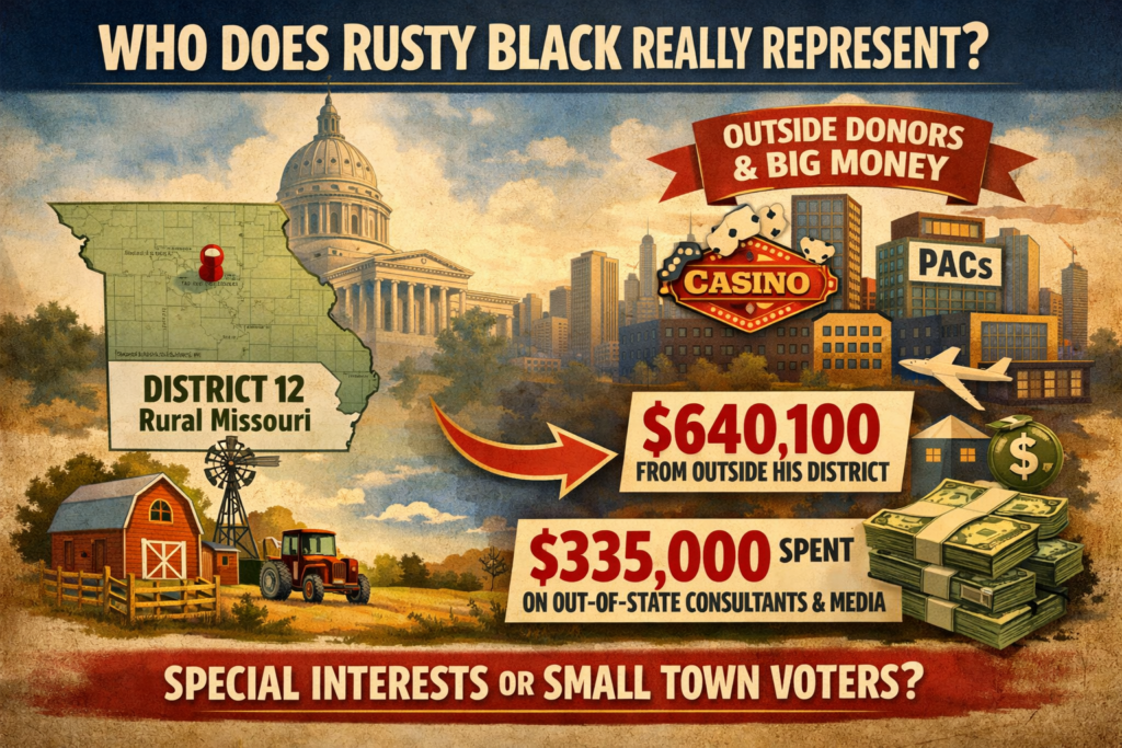 Illustration showing a contrast between rural Missouri and outside political money, with farm imagery on one side and corporate symbols like city buildings, PACs, and cash on the other. Text highlights “$640,100 from outside his district” and “$335,000 spent on out-of-state consultants & media,” alongside the headline “Who Does Rusty Black Really Represent?” and the question “Special interests or small town voters?”