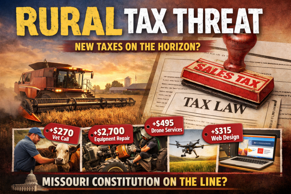 Combine harvesting soybeans on a Missouri farm, illustrating the potential impact of HJR 173/174 on rural labor and sales tax.