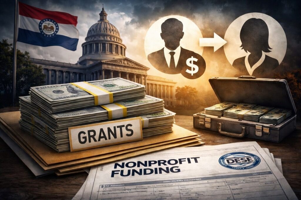 Documents and grant reports on a desk, with clear 'Nonprofit Funding' text, symbolizing potential conflict of interest and unscrupulous political influence in government grants.