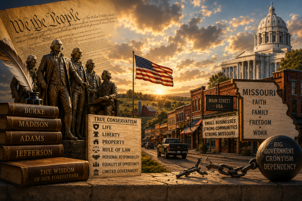 Illustration depicting American conservative principles, featuring the U.S. Constitution, Founding Fathers, an American flag, a Missouri small-town Main Street, family farms, small businesses, and symbols representing liberty, property rights, limited government, and community values.